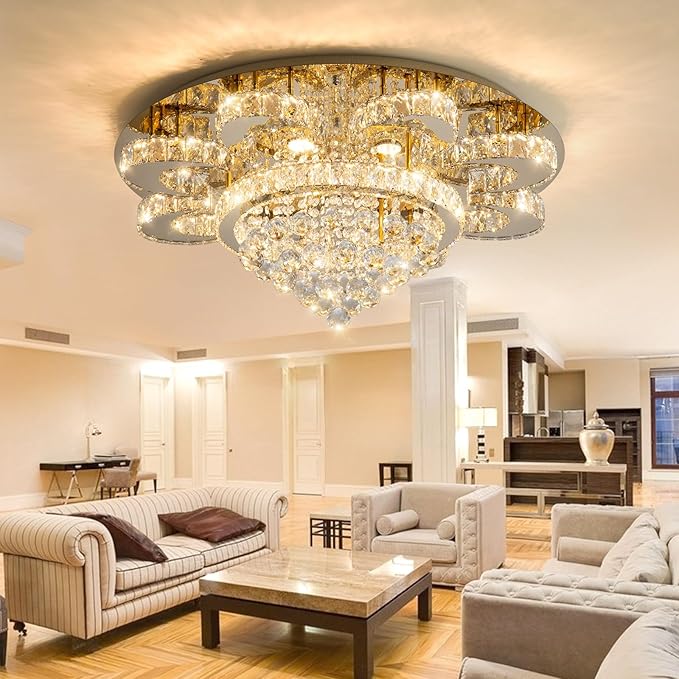 Modern Chandelier Living Room Glam Chandeliers Ceiling Light Fixture Remote Dimmable Lights 32 Inches Luxury Crystal Gold Light