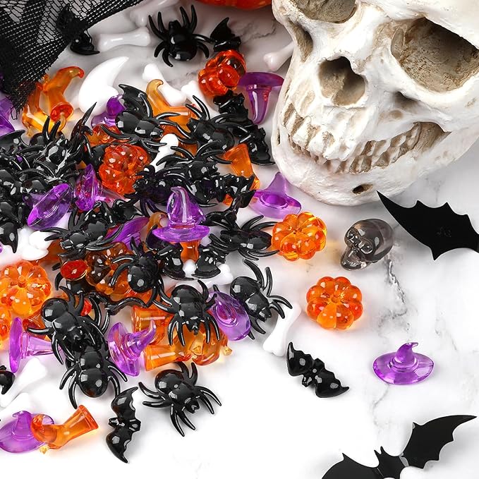 120Pcs Mini Halloween Acrylic Ornaments Vase Filler Mini Ghost Skull Skeleton Witch Hats Bones Spider Acrylic Pumpkin Crystals Gems Table Scatters for Halloween Decoration Party Favors Craft