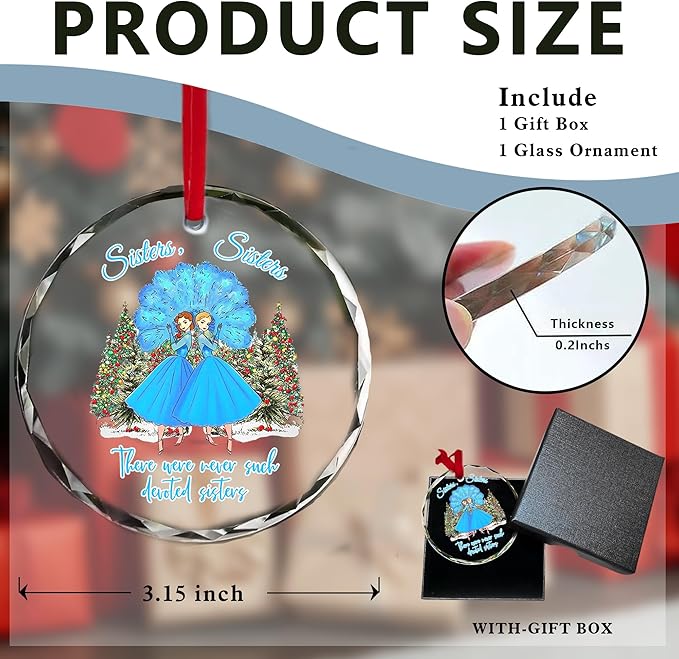 Sisters Christmas Glass Ornament 2025 Elegant Sister Hanging Glass Ornament Gift for Sister from Sister Presents for Female Besties, Car Mirror Hanging Charm Wine Bottle Accessory