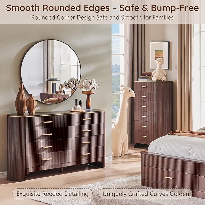 Fluted 8 Drawer Dresser for Bedroom with Curved Profile Design,53.9" W Wide Chest of Drawers with Reeded Front Panels,Wide Storage Cabinet with Smooth-Glide Drawers for Living Room,Brown Oak