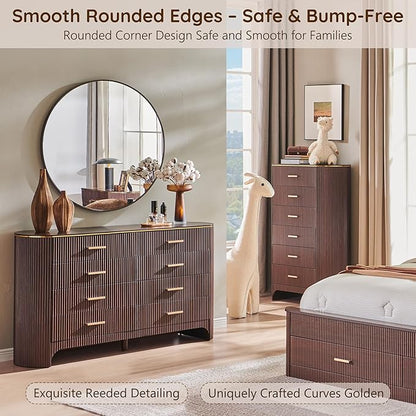 Fluted 8 Drawer Dresser for Bedroom with Curved Profile Design,53.9" W Wide Chest of Drawers with Reeded Front Panels,Wide Storage Cabinet with Smooth-Glide Drawers for Living Room,Brown Oak