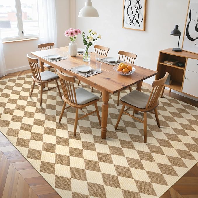 LIVEBOX Washable Living Room Rug 8x10, Brown Checkered Diamond Rug Non-Slip Modern Neutral Geometric Plaid Rugs for Bedroom, Low Pile Area Rug for Dining Room Kids Room Classroom