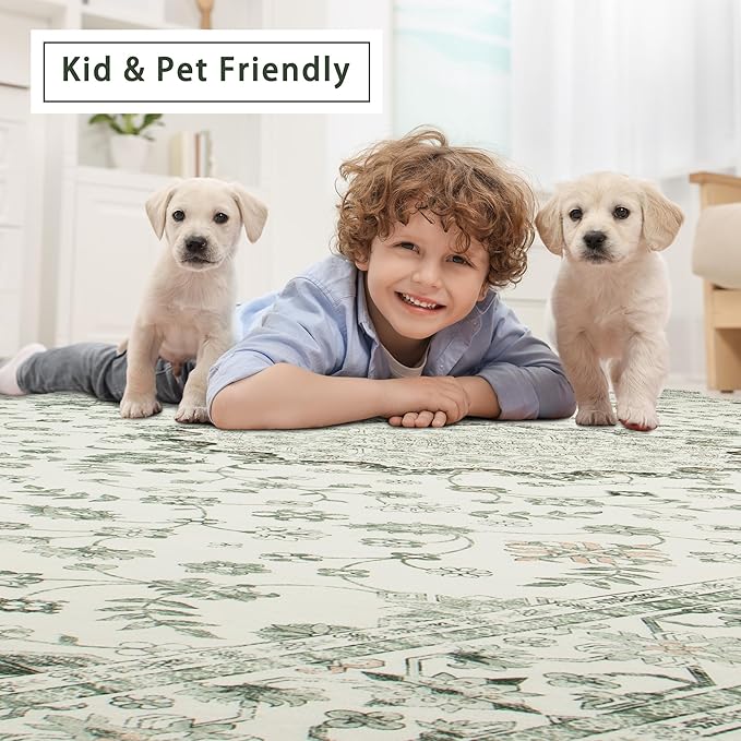 Washable Rugs 8x10 Area Rugs for Living Room,Rugs for Bedroom,Large Carpets,Ultra Soft Faux Wool Retro Dining Room Rug,Non Slip&Non-Shedding Low Pile Vintage Print Rug for Home Office-Green