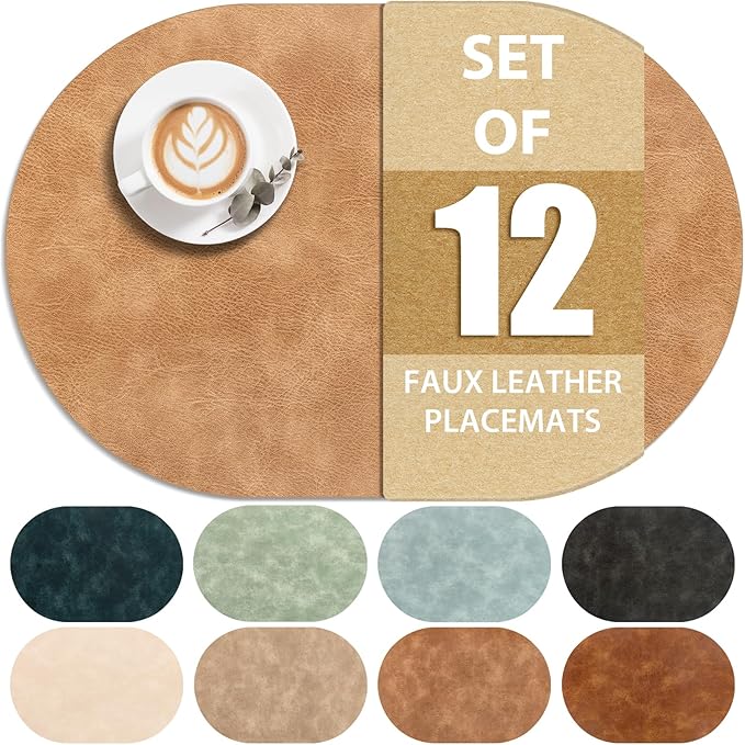 ADRIMER Placemats, Heat Resistant Oval Placemats Set of 12 Washable 12 x 17 Inch, Waterproof Table Mats, Wipeable Pu Place Mats for Kitchen, Dining Room, Light Brown