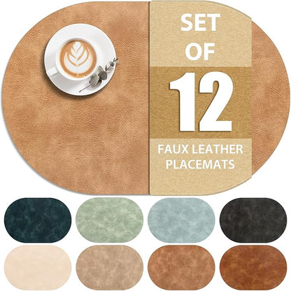 ADRIMER Placemats, Heat Resistant Oval Placemats Set of 12 Washable 12 x 17 Inch, Waterproof Table Mats, Wipeable Pu Place Mats for Kitchen, Dining Room, Light Brown