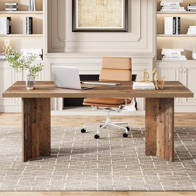 Tribesigns 63-inch Executive Desk, Vintage Home Office Computer Desk with Large Tabletop, Farmhouse Wood Writing Conference Table Workstation for Office, Study, Distressed Brown
