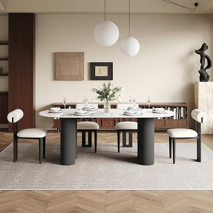 71" Modern Oval Dining Table for 6, Glossy White Sintered Stone Dining Tabletop with Black Dual-Pedestal, Easy Assembly Dining Room Table for Home Kitchen (Table Only)