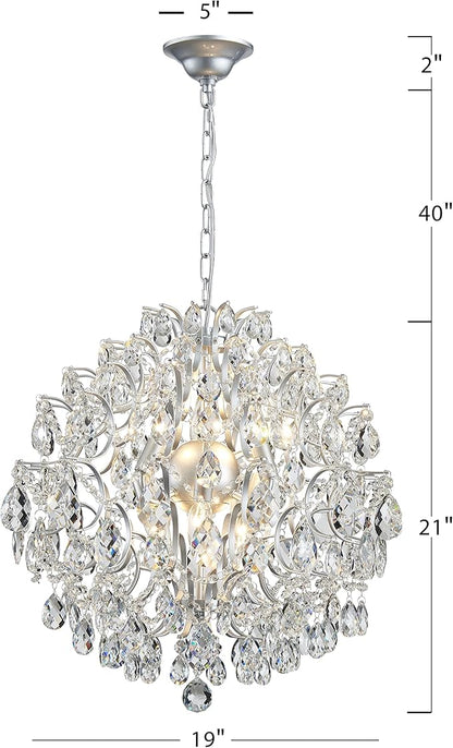 Bestier Silver Modern Pendant Chandelier Crystal Raindrop Lighting Ceiling Light Fixture Lamp for Dining Room Bathroom Bedroom Livingroom 6 E12 Bulbs Required D19 in x H21 in