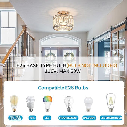 Crystal Ceiling Light Fixture, Modern Semi Flush Mount Ceiling Light,Crystal for Kitchen Bedroom Bathroom Entryway Nickel Finish (Bulb not Included)