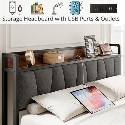 LIKIMIO King Size Bed Frame, Storage Headboard with Charging Station, Solid and Stable, Noise Free, No Box Spring Needed, Easy Assembly