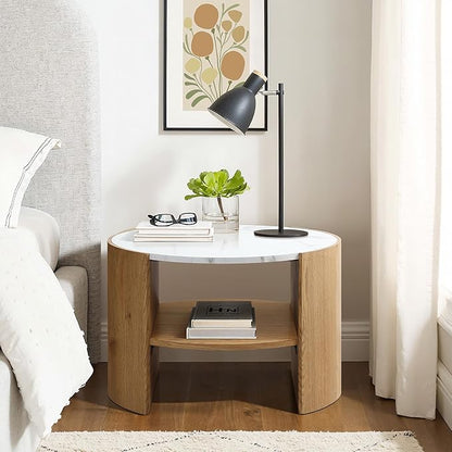 LuxenHome Modern Round Coffee Table with Faux Marble Top & Oak Finish Wood Base, 23.5” Small Center Table with Open Storage Shelf, Wooden Accent Table for Living Room, Apartment, or Office