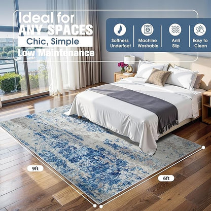 6x9 Area Rugs for Living Room Rug Washable: Abstract Rug for Dining Room Bedroom Carpet Non Slip 6 by 9 Indoor Modern Nursery Home Office Blue Grey White