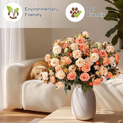 Artificial Flowers for Outdoor 4 Bundles Rose Bouquet with Daisy Faux Flowers UV Resistant for Home Indoor Outside Garden Porch Window Box Balcony Yard Porch Decor (Orange)