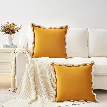 MONDAY MOOSE Decorative Throw Pillow Covers Cushion Cases, Set of 2 Soft Velvet Scalloped Wavy Edge Designs, Mix and Match for Home Decor, Pillow Inserts Not Included (Cream/Honey, 20x20 inch)
