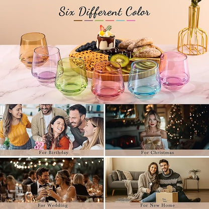 Physkoa Colored Stemless Wine Glasses Set of 6, Multi color Wine Glasses14oz,Diamond Shaped Cocktail Glass,Colorful Short Tumblers.Unique Drinkware for Home Party