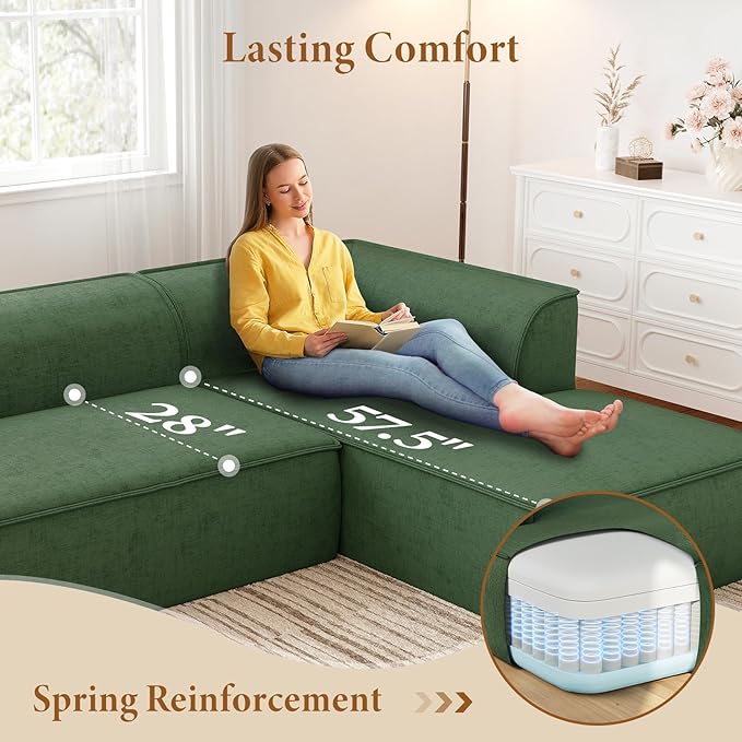 Vesgantti 106" Cloud Sectional Couch with Chaise, Deep Seat Modular Sectional Sofa Chenille Sofa Boneless Couches for Living Room Bedroom, No Assembly Required (Green, Right-Facing Chaise)