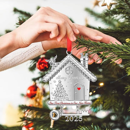 New Home Christmas Ornament 2025, Our First Christmas in New Home House Ornament with 2025 Key Design, Housewarming Gift for New Homeowners, Metal Xmas Tree Decoration Keepsake