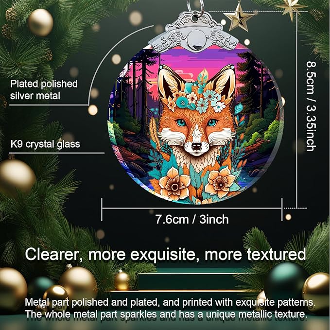 Fox Christmas Ornament Crystal Glass 3"- Fox Gifts for Women Men Hanging Decorations - Fox Christmas Tree Ornaments Christmas Decor - Xmas Gift for Fox Lovers