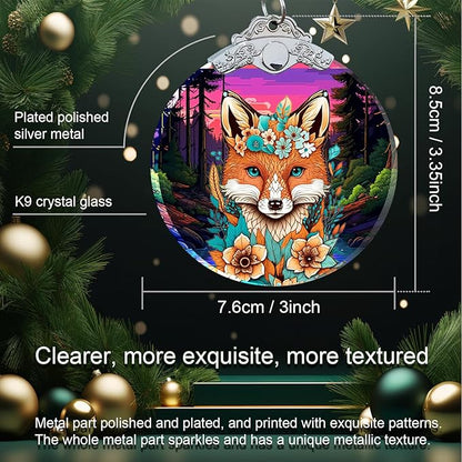 Fox Christmas Ornament Crystal Glass 3"- Fox Gifts for Women Men Hanging Decorations - Fox Christmas Tree Ornaments Christmas Decor - Xmas Gift for Fox Lovers