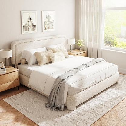King Size Boucle Bed Frame, Cloud Upholstered Platform Bed with Height Adjustable Headboard & Soft Rounded Corners, No Box Spring Needed, Noise Free, Easy Assembly, Beige