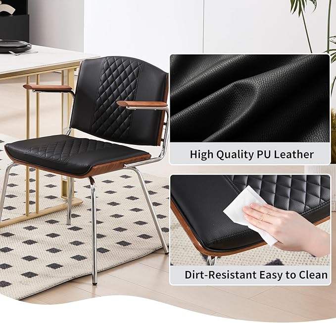 Modern Dining Chairs Set of 2 – Walnut Wood Frame with PU Leather Seat, Silver Metal Legs – Mid-Century Kitchen Chairs for Dining Room, Kitchen, Black