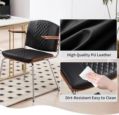 Modern Dining Chairs Set of 2 – Walnut Wood Frame with PU Leather Seat, Silver Metal Legs – Mid-Century Kitchen Chairs for Dining Room, Kitchen, Black
