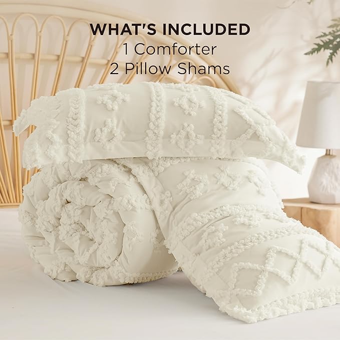 Bedsure Tufted Boho Comforter Set Oversized Queen - Ivory Boho Bed Set, GentleSoft™ 3 Pieces Farmhouse Shabby Chic Embroidery Bedding, Gifts for Woman, Soft Jacquard Comforter for All Seasons