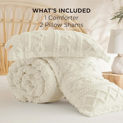 Bedsure Tufted Boho Comforter Set King Size - Ivory Boho Bed Set, GentleSoft™ 3 Pieces Farmhouse Shabby Chic Embroidery Bedding, Gifts for Woman, Soft Jacquard King Comforter for All Seasons