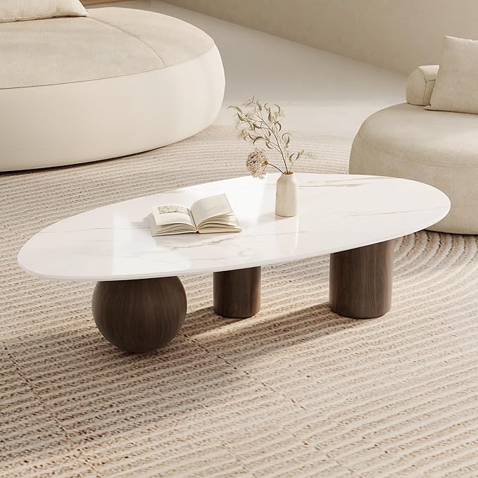 Modern Oval Coffee Table for Living Room, 54" Sintered Stone Cloud Coffee Tabletop with 3 Metal Legs, Minimalist Living Room Table Tea Table Center Table for Home Office