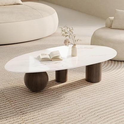 Modern Oval Coffee Table for Living Room, 54" Sintered Stone Cloud Coffee Tabletop with 3 Metal Legs, Minimalist Living Room Table Tea Table Center Table for Home Office
