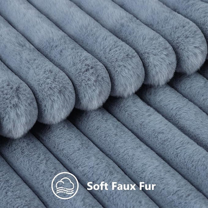 decorUhome Faux Fur Throw Pillow Covers 26x26 Set of 2, Decorative Soft Plush Striped Neutral Euro Pillow Covers with Velvet Back for Bed, Living Room Home Decor, Grey Blue