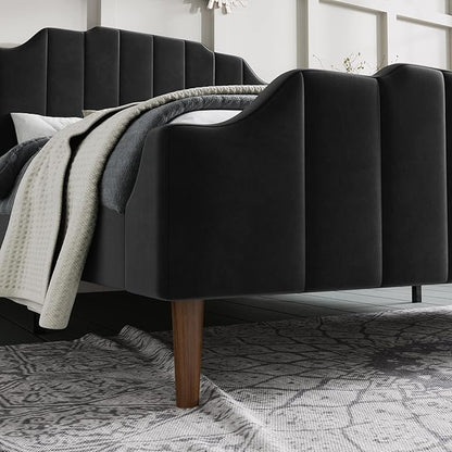 SHA CERLIN Upholstered Queen Size Bed Frame with Modern Curved Velvet Wingback Headboard, Heavy Duty Wood Platform Bed with Strong Wood Slat Support, No Box Spring Needed, Black