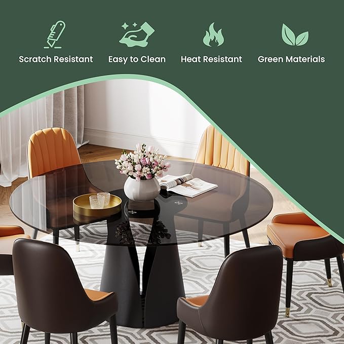 POVISON Glass Round Dining Table for 6, Modern Dining Table 59" Dining Room Table Round Black Glass Top with Solid Black Carbon Steel Base for Kitchen(Table Only)