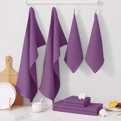 Homaxy 100% Cotton Kitchen Towels and Dishcloths Set, 12 x 12 Inches and 13 x 28 Inches, Set of 8 Bulk Kitchen Towels Set, Ultra Soft Absorbent Dish Cloths for Washing Dishes, Purple