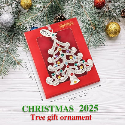 2025 Metal Christmas Tree Ornament Decorations 5" with Colorful Crystals & 2025 Dated Engraved for Keepsake Gifts Holiday Home Party Decor