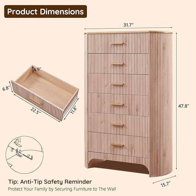 Fluted 6 Drawer Tall Dresser with Curved Profile,47.8" Tall Drawers with Reeded Texture,Gold Handles Storage Organizer Cabinet for Bedroom,Living Room,Entryway,Light Oak
