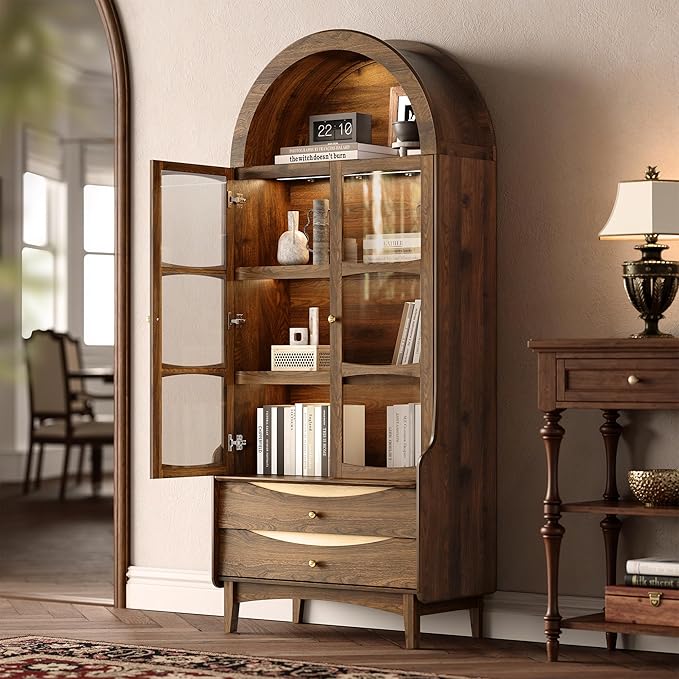 STO'SENSE 73" Tall Arched Bookshelf with LED Lights,4-Tier Modern Farmhouse Arched Bookcase with Glass Doors and Shelves,Wooden Display Cabinet with 2 Drawers for Living Room, Dining Room (Walnut)