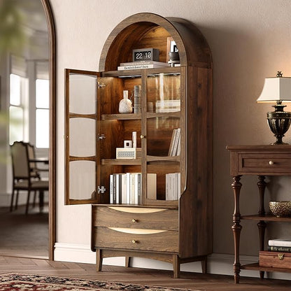 STO'SENSE 73" Tall Arched Bookshelf with LED Lights,4-Tier Modern Farmhouse Arched Bookcase with Glass Doors and Shelves,Wooden Display Cabinet with 2 Drawers for Living Room, Dining Room (Walnut)