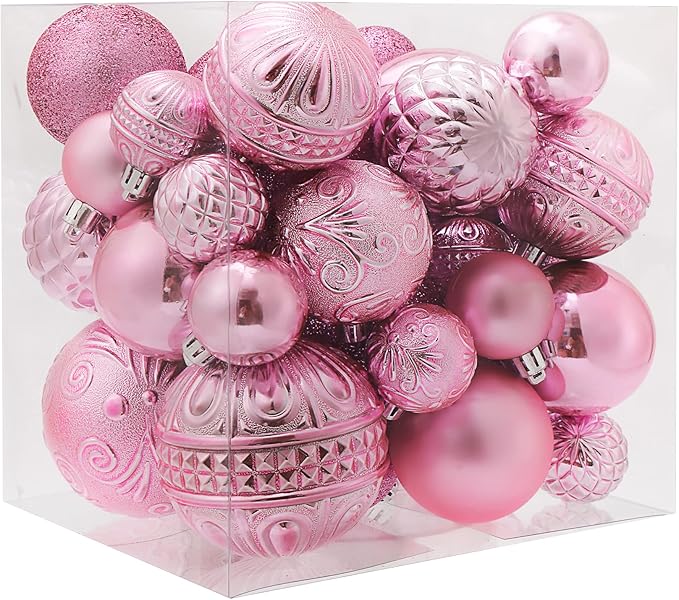 Christmas Ball Ornaments Pink Christmas Tree Decorations with Hang Rope-36pcs Shatterproof Christmas Ornaments Set with 6 Styles in 3 Sizes(Small Medium Large)