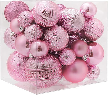 Christmas Ball Ornaments Pink Christmas Tree Decorations with Hang Rope-36pcs Shatterproof Christmas Ornaments Set with 6 Styles in 3 Sizes(Small Medium Large)