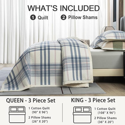 Cotton Plaid Quilt Set Queen 3 Piece Reversible Bedding, Grid Blue White