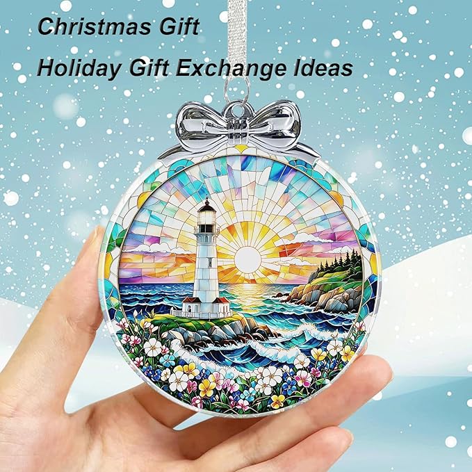 Lighthouse Ornament Crystal Glass with Gift Box- Lighthouse Gifts for Women- Hanging Ornaments for Christmas Tree Xmas Decorations, Holiday Keepsake Present Exchange Ideas