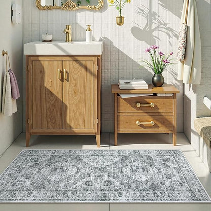 Uphome Bathroom Rugs Runner, Distressed Farmhouse Boho Gray Bath Mat, Non Slip Washable Long Bath Rugs, Vintage Traditonal Soft Velvet Bathroom Runner for Bathtub Sink Shower, 20x60 inch