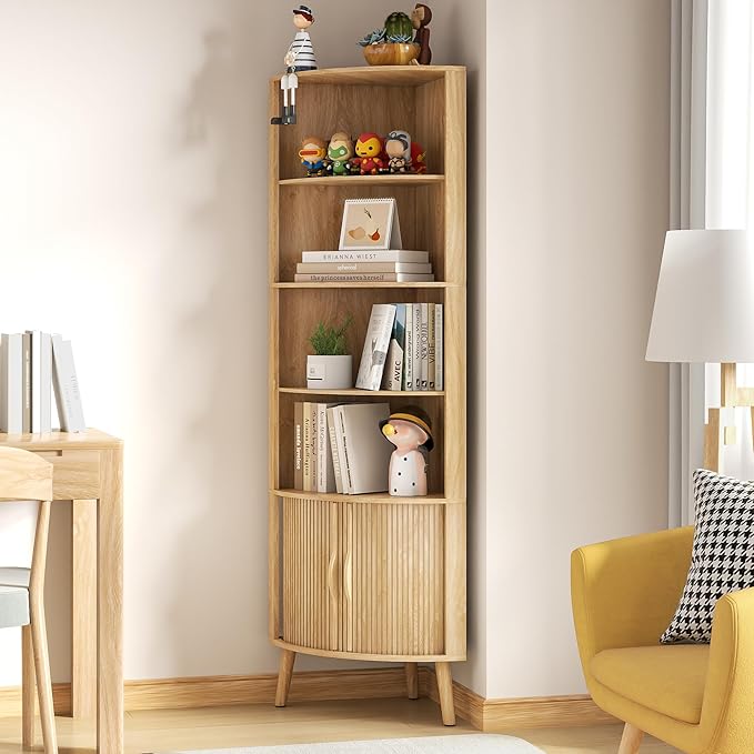 5-Tier Corner Shelf, 66.73''Tall Modern Corner Bookshelf, 5 Shelf Bookcase with 2 Fluted Doors, Freestanding Wood Corner Display Storage Shelf Organizer for Living Room, Office (Wood Color)