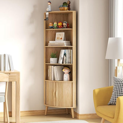 5-Tier Corner Shelf, 66.73''Tall Modern Corner Bookshelf, 5 Shelf Bookcase with 2 Fluted Doors, Freestanding Wood Corner Display Storage Shelf Organizer for Living Room, Office (Wood Color)