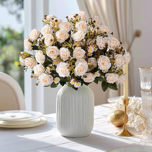 Artificial Rose Flowers for Outdoor 4 Bundles Rose Bouquet with Daisy Faux Flowers UV Resistant for Home Indoor Outside Garden Porch Window Box Balcony Yard Porch Decor (White)