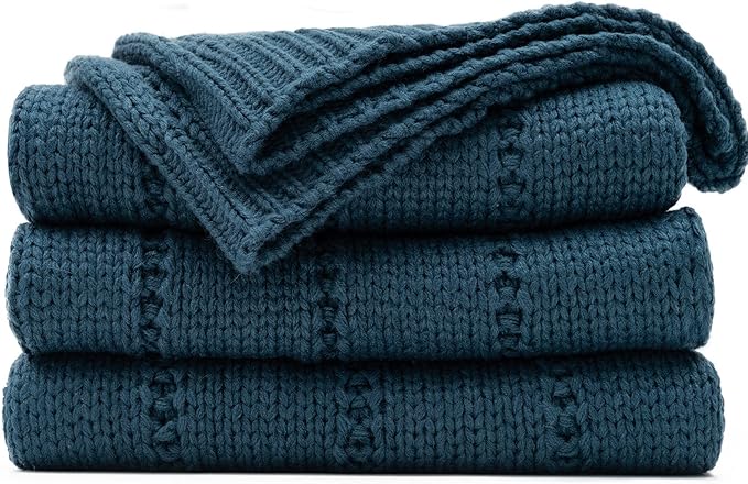 RECYCO Cable Knit Navy Blue Throw Blanket Twin Size, Super Soft Warm Cozy Decorative Knitted Throw Blanket 3.6LB for Large 60"x80"