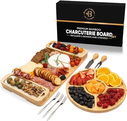 Charcuterie Board Gift Set - Bamboo Cheese Board & Serving Tray for Meat, Cheese, Crackers, and Fruit - Large Wooden Charcuterie Boards for Parties - Wedding, Housewarming, for Women