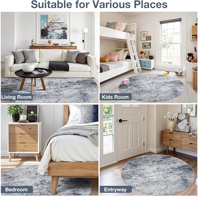 Round Rug 5ft Circle Rug Washable: Carpet Small Circular Area Rug for Entryway Kitchen Bedroom Dining Room Living Room 5 Feet Abstract College Dorm Non Slip Low Pile Blue Grey