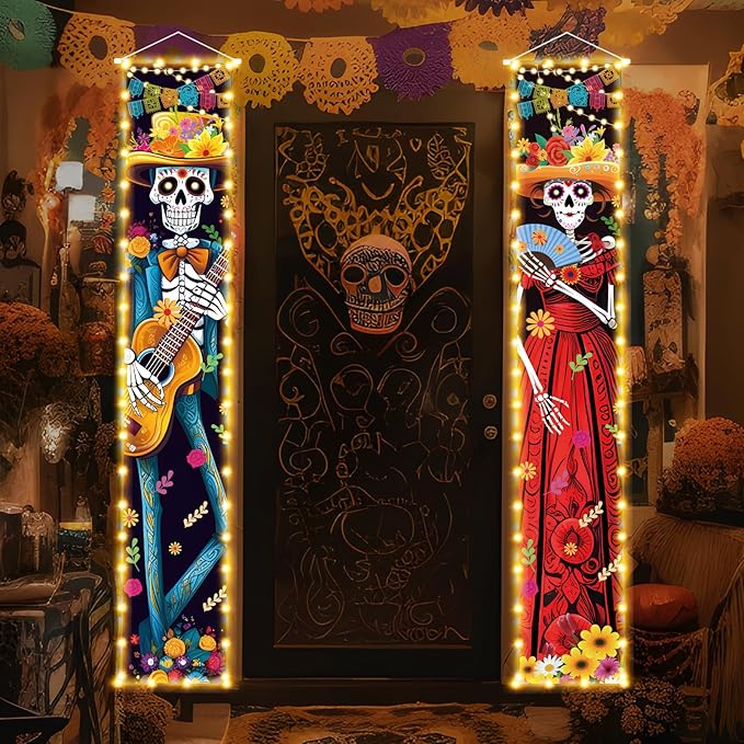 Halloween Decorations Dia De Los Muertos Lighted Porch Sign Banners Halloween Decor Mexico Day of The Dead Porch Signs Banner Indoor Outdoor Wall Door Party Decor Decoration